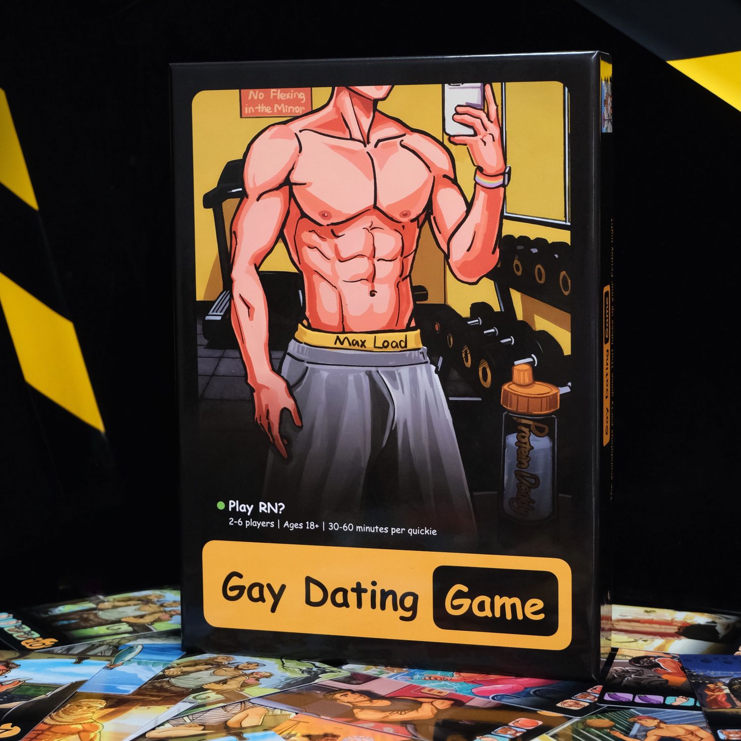 Gay Dating Game box photographed on scattered original profile cards