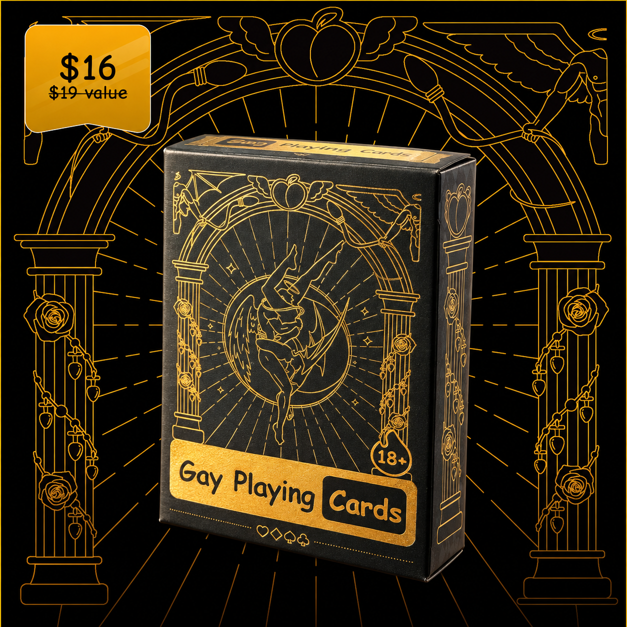 Gay Playing Cards improved 3D render of the genuine gold-foil tuck box